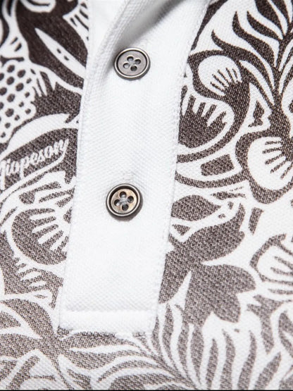Men's Printed Collared Neck Short Sleeve Polo Shirt - Ivory