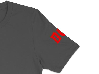 Stylish Gray T Shirt with Bold Red Sleeve Design