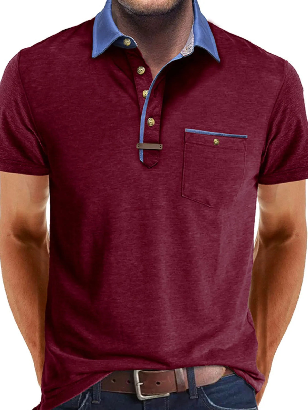 Men's Contrast Collar Pocket Polo Shirt - Gray