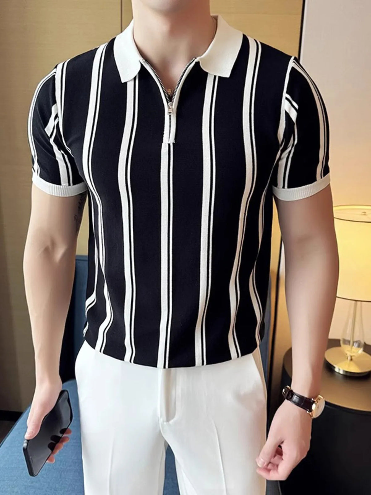 Men's Classic Striped Zip Collar Polo Shirt - Black