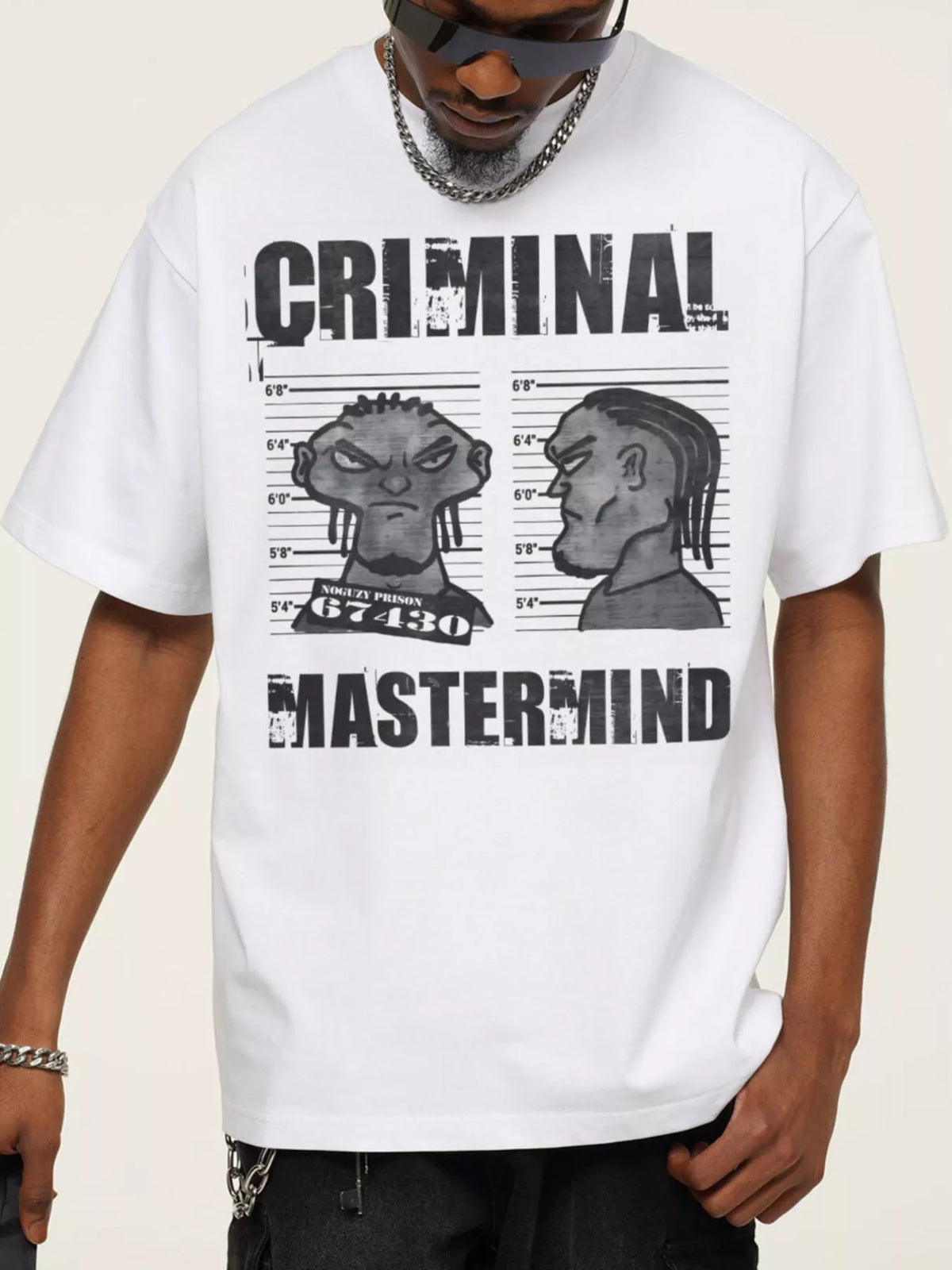 Men's Criminal Mastermind Graphic Oversized T-Shirt – men's bold Y2K streetwear graphic tee, product image 1