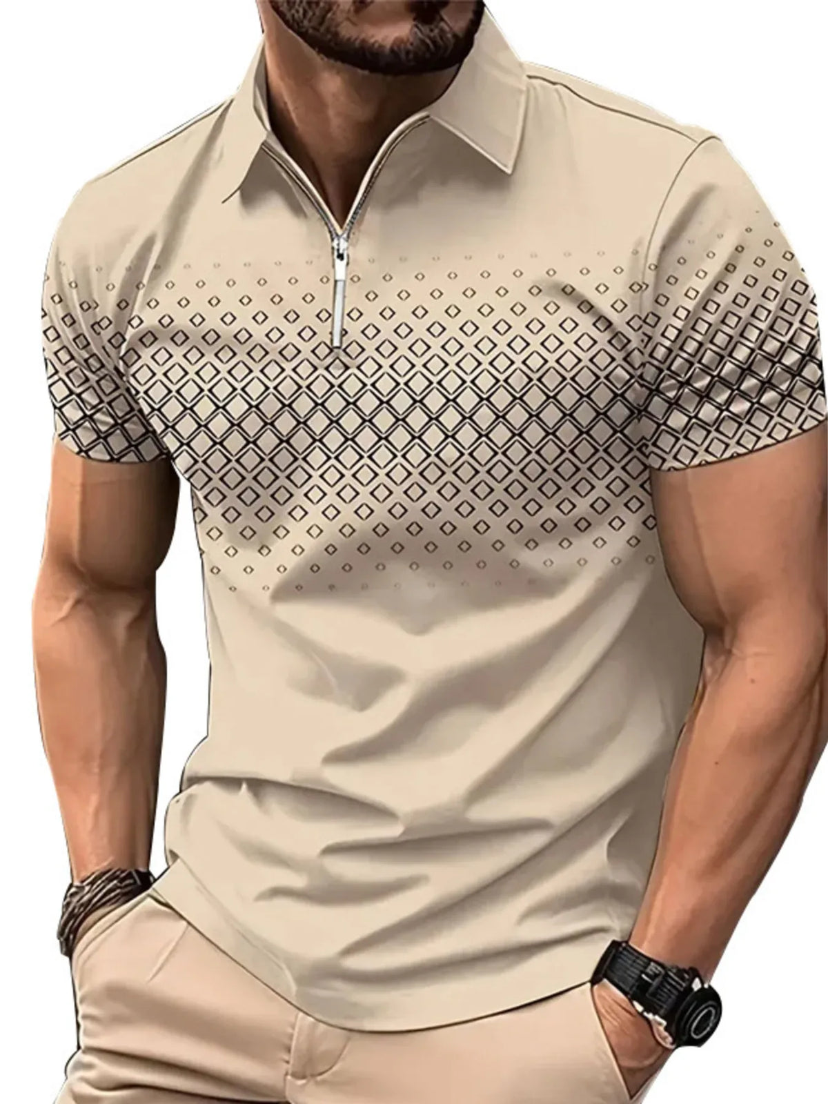 Men's Diamond Print Short Sleeve Polo Shirt - Army Green