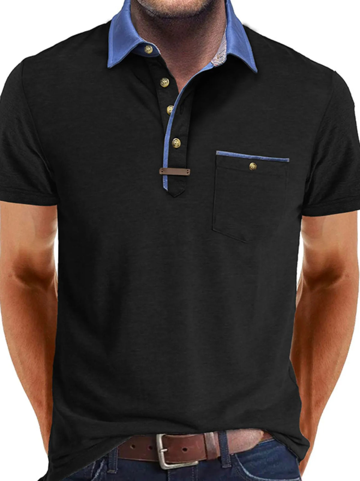 Men's Contrast Collar Pocket Polo Shirt - Gray